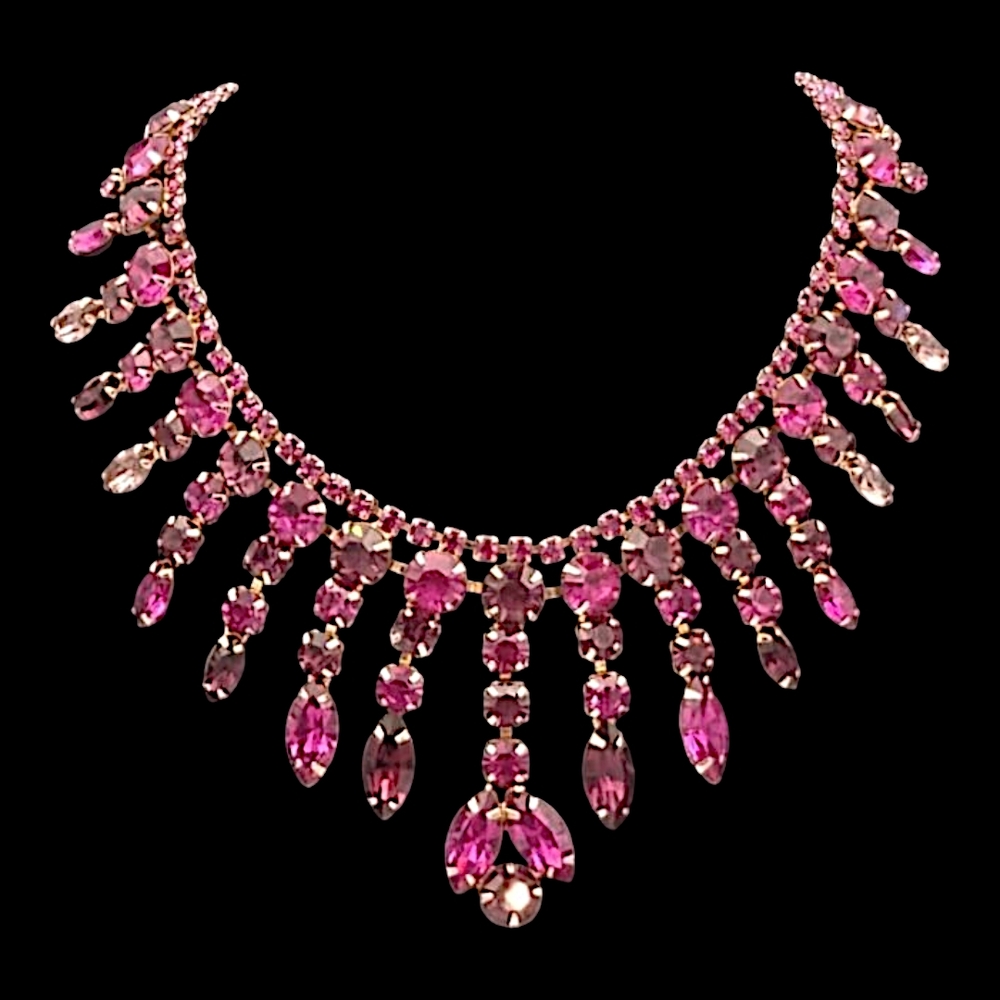 Vintage Fuchsia, Purple and Lavender Rhinestone Bib Necklace!